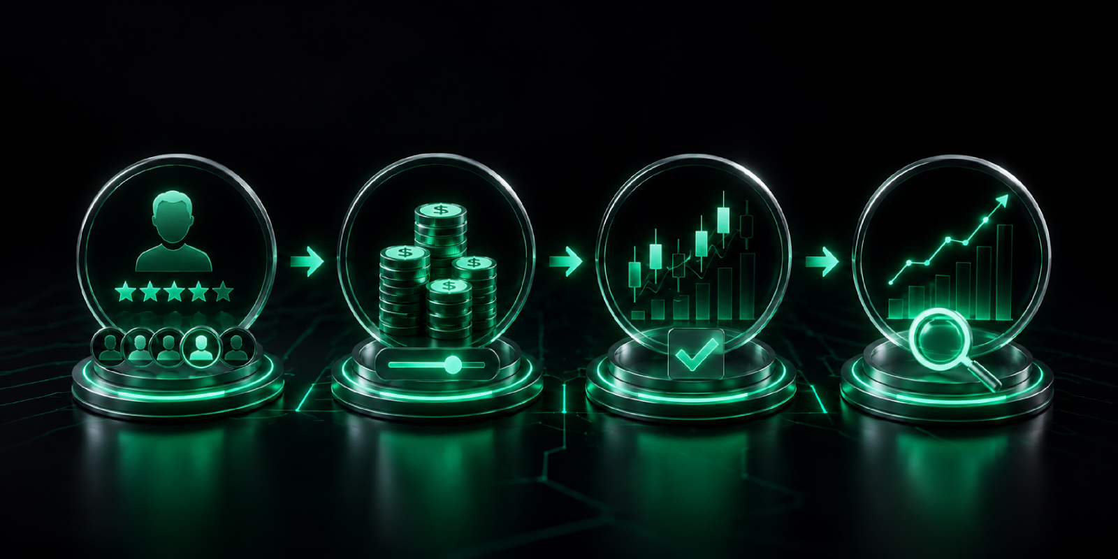 The copy trading process on FISG-InterStellar Group involves active decisions at each stage — from selecting a trader to monitoring ongoing performance